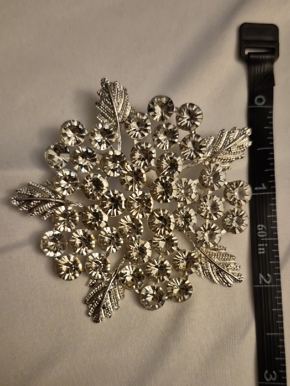 Silver Crystal Floral Brooch - Clear Rhinestone Leaf Pin